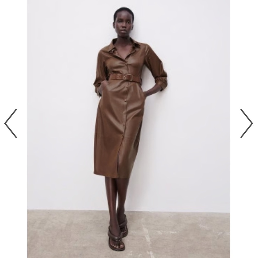 Zara Brown Faux Leather Belted Dress